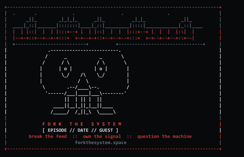 Example original ANSI artwork showing a dystopian terminal skyline and masked figure